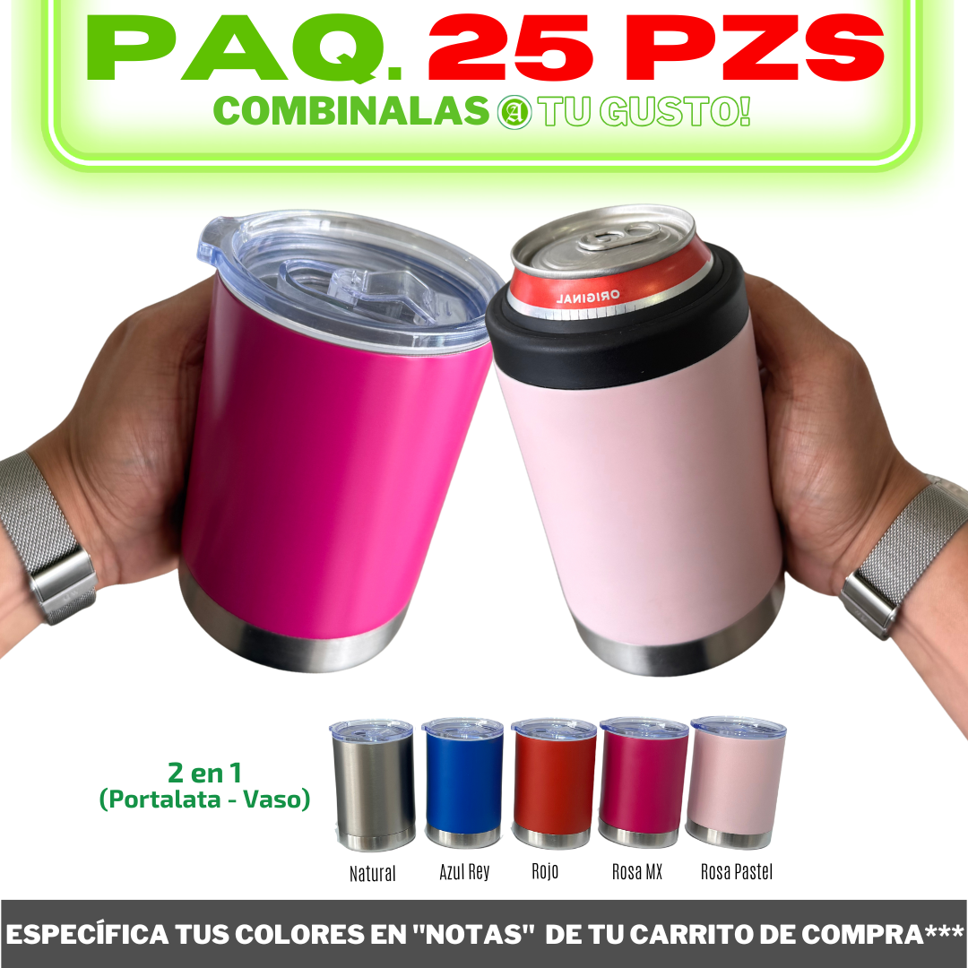 25pzs / Portalatas Vaso (2 en 1)  12oz / 354ml+ Tapa de Rosca Hermética