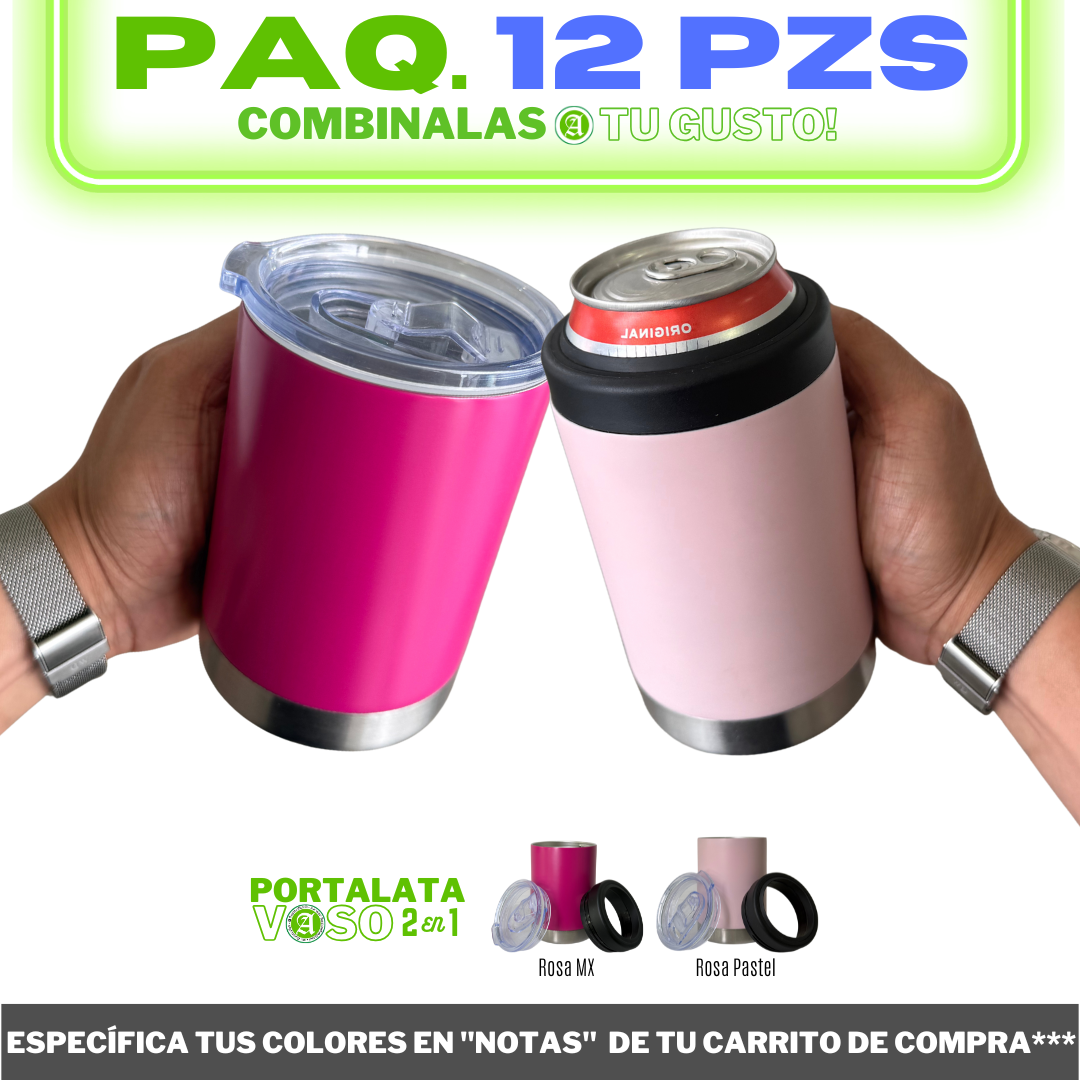 Gran REMATE // 12pzs / Portalatas Vaso (2 en 1)  12oz / 354ml+ Tapa de Rosca Hermética