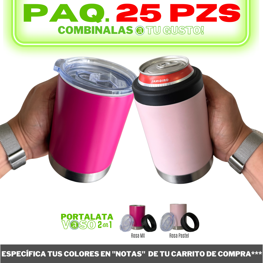 Gran REMATE // 25pzs / Portalatas Vaso (2 en 1)  12oz / 354ml+ Tapa de Rosca Hermética