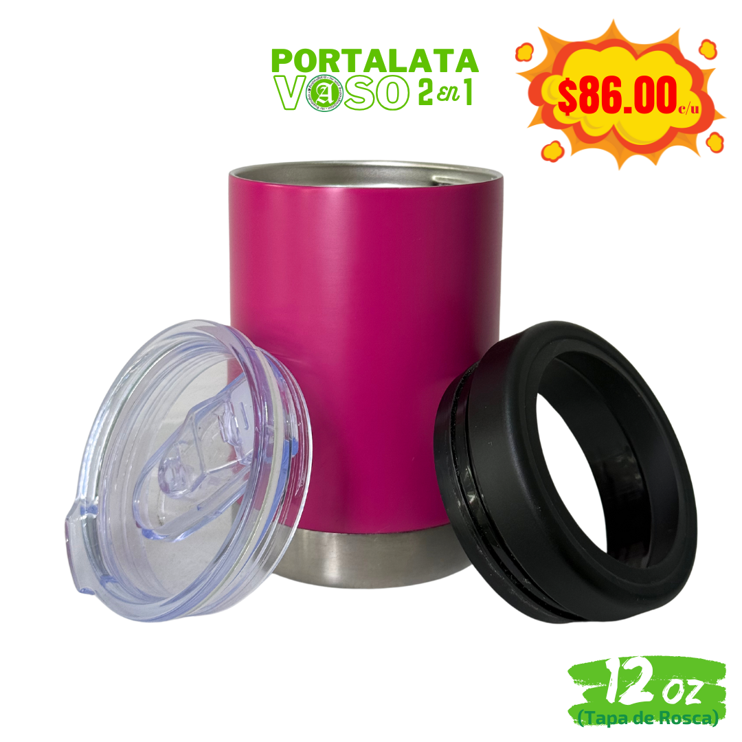12pzs / Portalatas Vaso (2 en 1)  12oz / 354ml+ Tapa de Rosca Hermética