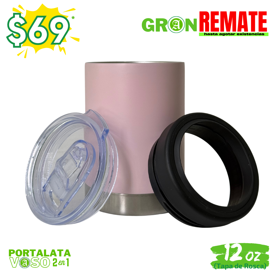 Gran REMATE // 12pzs / Portalatas Vaso (2 en 1)  12oz / 354ml+ Tapa de Rosca Hermética