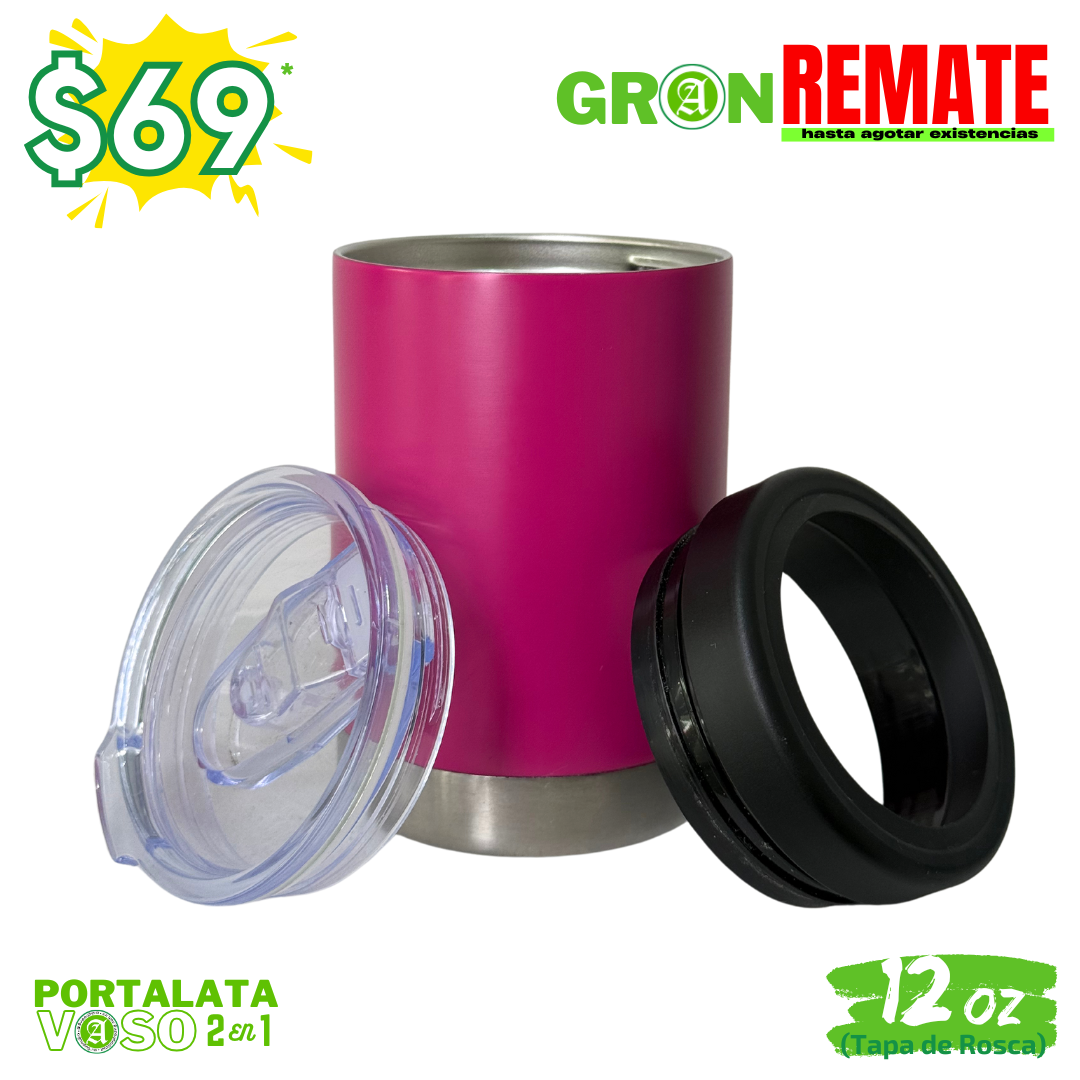 Gran REMATE // 12pzs / Portalatas Vaso (2 en 1)  12oz / 354ml+ Tapa de Rosca Hermética