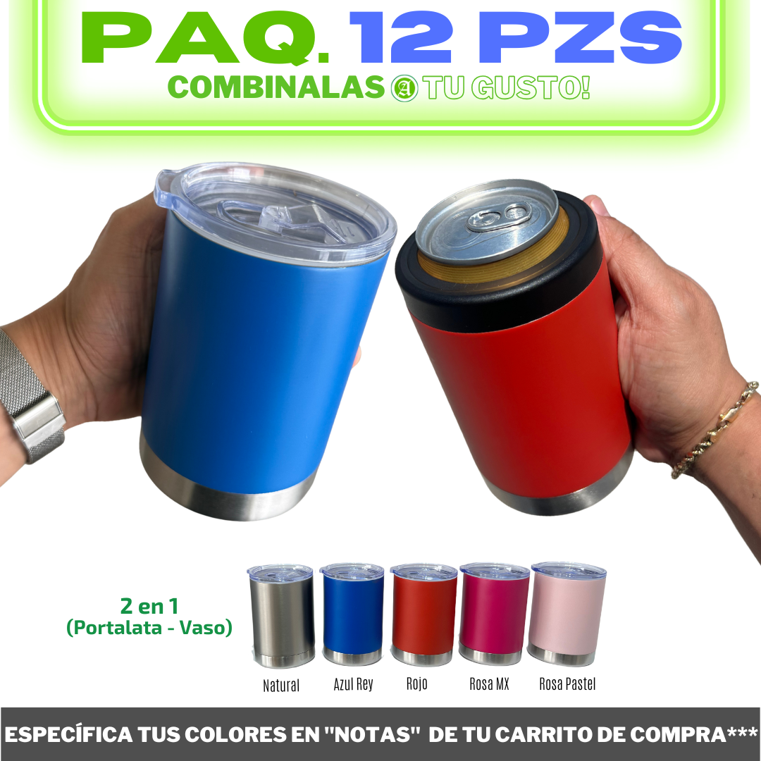 12pzs / Portalatas Vaso (2 en 1)  12oz / 354ml+ Tapa de Rosca Hermética